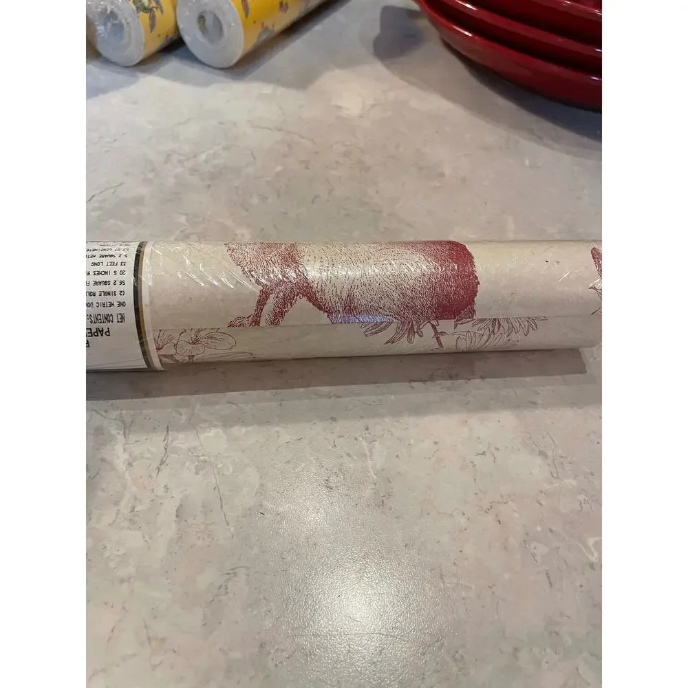 Vintage Bunny Toile Cream W Red Rabbits & Botanicals Prepasted Double Roll USA